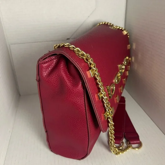 Bebe Red Studded Logo Chain Shoulder Bag Gold Hardware Flap Crossbody Purse - Picture 6 of 12
